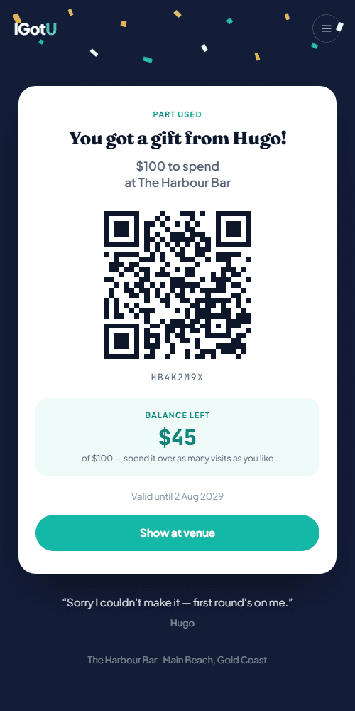 A $100 gift voucher from Hugo at The Harbour Bar, with a QR code