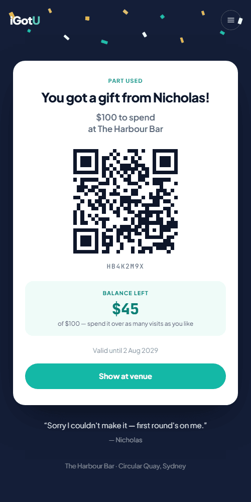 A voucher for a craft beer at The Harbour Bar, with a QR code